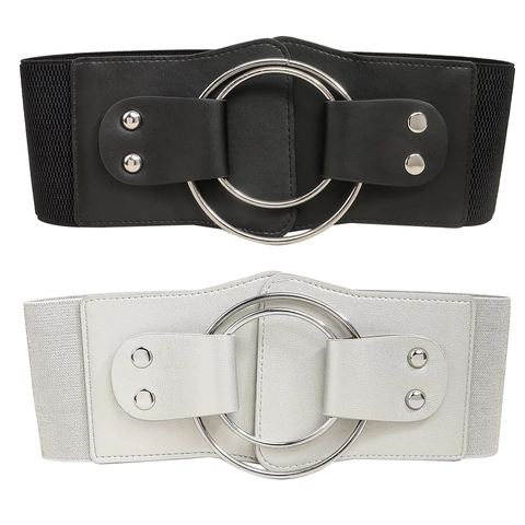Cintura Corsetto Elastica Larga da Donna Fibbia a Doppio Anello Tondo Cintura in Pelle PU con Rivetti Accessorio di Moda