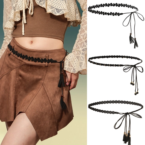 Catena da Vita Donna Intrecciata Floreale Boema Elegante Etnica Taglio Laser con Nappina Cintura a Corda Regolabile per Abito