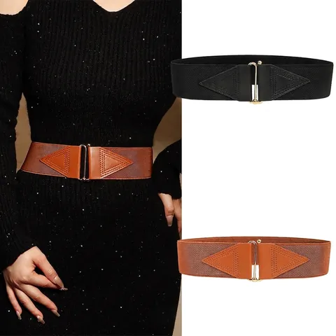 Cinturón Elástico Ancho para Mujer Diseño Geométrico de Triángulo Hebilla de Gancho de Aleación Dorada Cinturón de Cuir PU