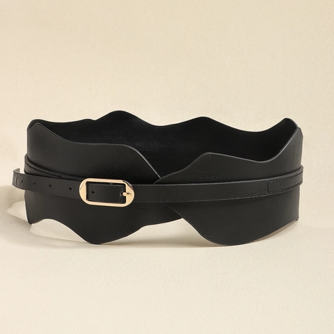 Cintura a Corsetto Vintage in Ecopelle Nera da Donna Bordo a Onda Fibbia Dorata Fibbia ad Ardiglione Larga Accessori Decorativi