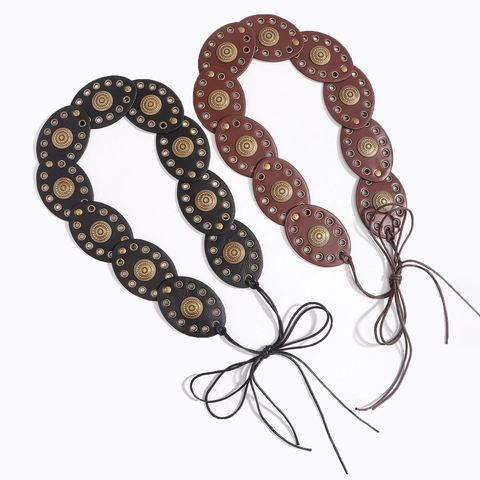 Bohemian Vintage Western PU Leather Rivet Women's Corset Belt Lace-up Round Disc Y2K Fashion Decorative Waist Rope