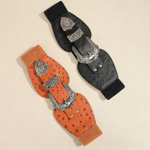 Cintura Elastica Alta da Donna Vintage Con Fibbia in Lega Intagliata Motivo Struzzo Pelle PU Stringivita per Abiti