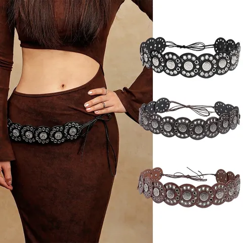 Bohemian Ethnic Style PU Leather Corset Belt For Women Retro Round Hollow Metal Coin Pendant Waist Seal Wrap Tie Belt