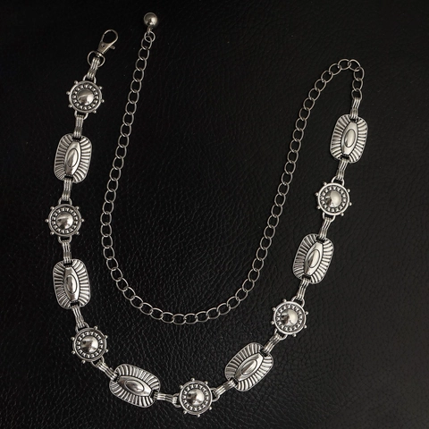 Vintage Metal Waist Chain Belt For Women Bohemian Ethnic Carved Oval Link Adjustable Silver Color Boho Body Jewelry Gift