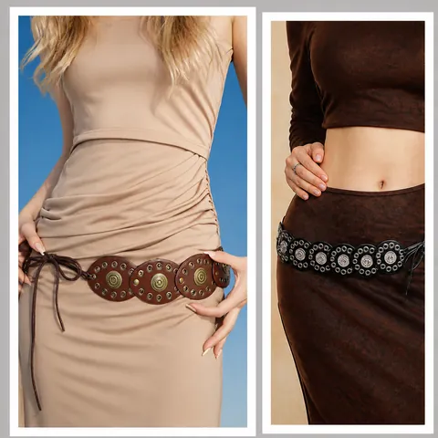 Bohemian Vintage Western PU Leather Rivet Women's Corset Belt Lace-up Round Disc Y2K Fashion Decorative Waist Rope