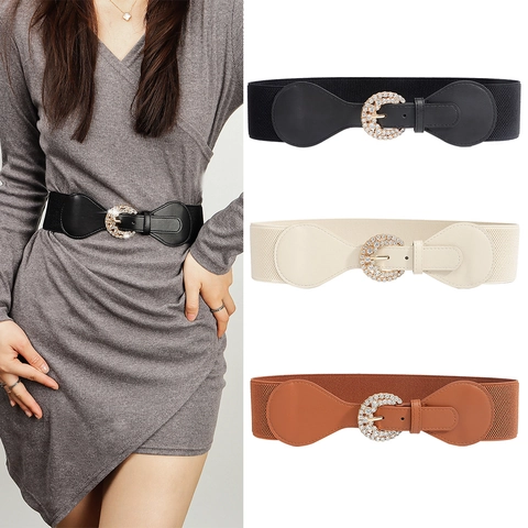 Vintage Women Rhinestone Buckle Elastic Corset Belt Faux Leather Wide Waistband Fashion Decorative Waist Cinch Belt