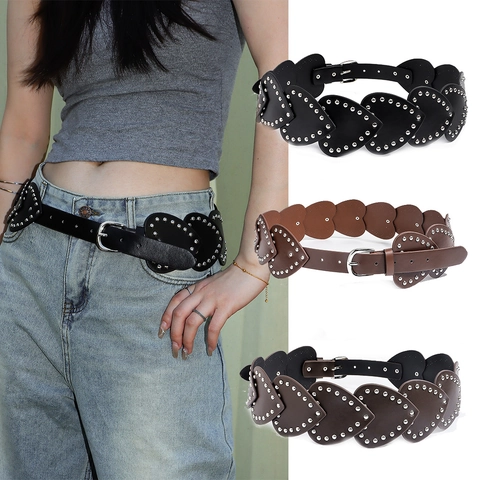 Cinturón Vintage con Remaches de Corazón para Mujer Punk de Cuero PU Y2K Accesorios de Moda para Festivales de Música Halloween