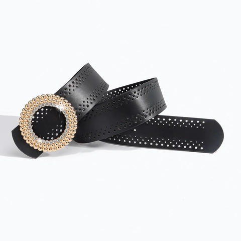 Women Fashion Wide Waist Belt PU Leather Rhinestone Round Buckle Hollow Out Geometric Decorative Cincher Belt Black