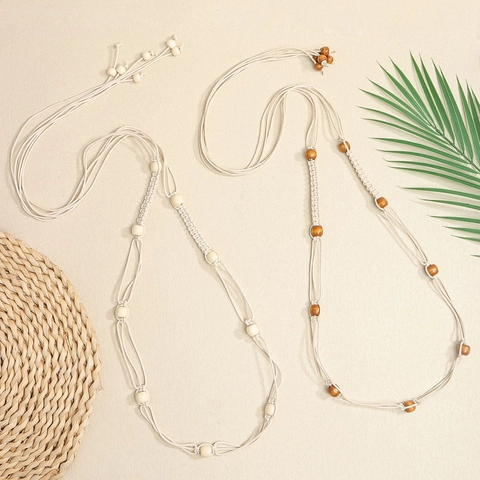 Cadena de Cintura Tejida a Mano Bohemio para Mujer Cinturón de Algodón Lino Con Cuentas de Madera y Borlas para Vestido