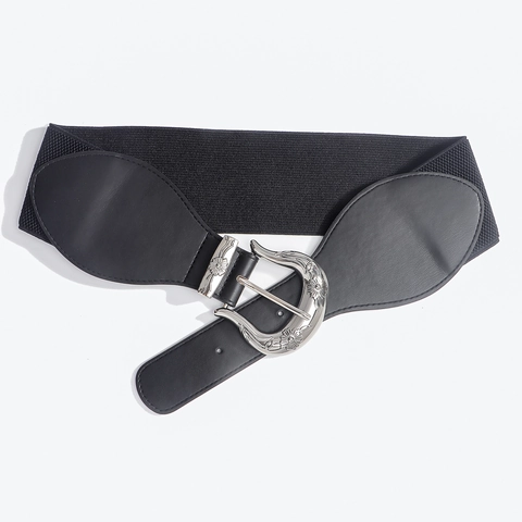 Cintura Corsetto Elastica Larga Vintage da Donna Fibbia ad Ardiglione in Lega a Rilievo Floreale Retro Nera in Pelle PU