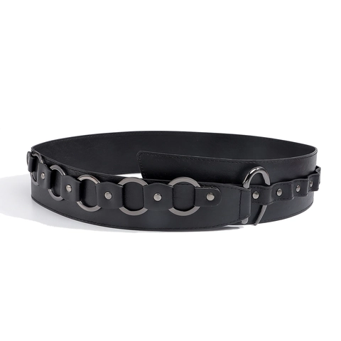 Cintura a Corsetto Larga in Pelle PU Nera Stile Punk Americano Retrò Con Anelli di Metallo e Rivetti Guarnizione Vita Decorativa Irregolare Donna