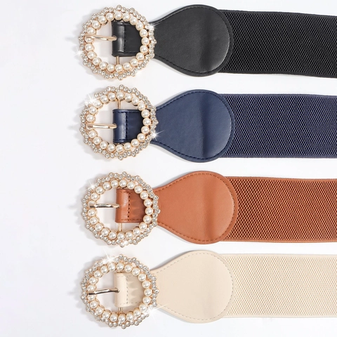 Women Wide Elastic Corset Belt Elegant PU Leather Waistband With Artificial Pearl Rhinestone Round Buckle Dress Decor