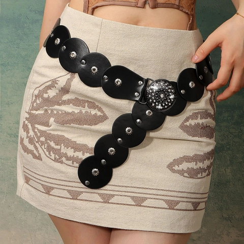 Women's Vintage Ethnic PU Leather Corset Belt With Rhinestone Mandala Buckle Decorative Rivet Wide Waist Belt For Dress