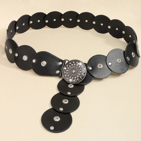 Women's Vintage Ethnic PU Leather Corset Belt With Rhinestone Mandala Buckle Decorative Rivet Wide Waist Belt For Dress