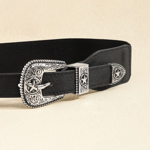 Cintura da Donna Retro Western con Fibbia Intagliata Elastica Larga Vintage Boho Motivo a Stella Nera Pelle PU per Abiti