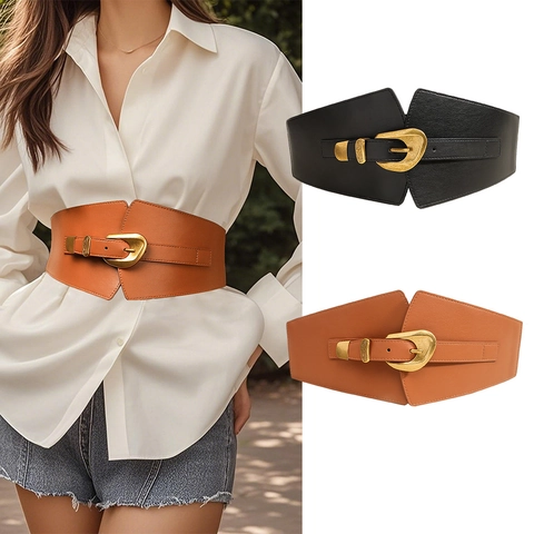 Cintura Larga Elastica Vintage da Donna in Pelle PU con Fibbia in Lega Dorata Retrò Corsetto di Moda per Abiti