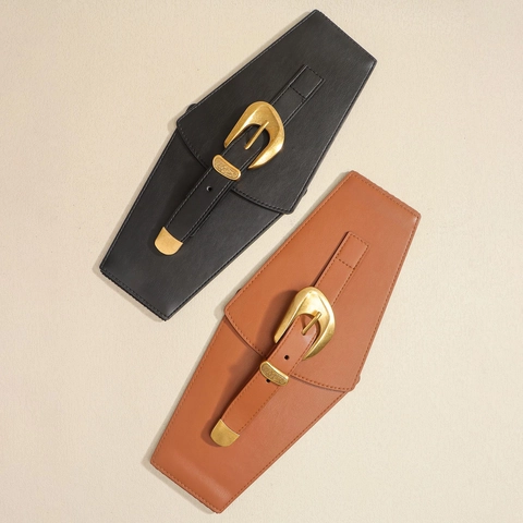 Cintura Larga Elastica Vintage da Donna in Pelle PU con Fibbia in Lega Dorata Retrò Corsetto di Moda per Abiti