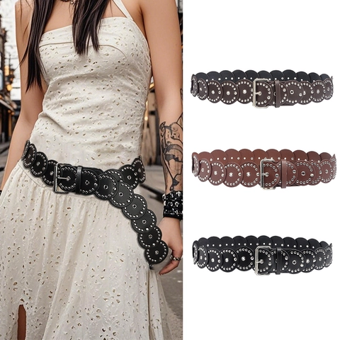 Ceinture à Rivets Western Cowboy Femme Vintage Cuir PU Bord Festonné Punk Ceinture de Taille pour Jeans Robes Accessoire Mode