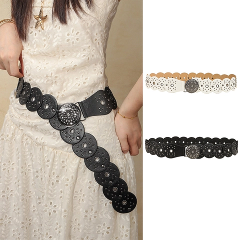 Ceinture Large en Cuir PU pour Femme Vintage Bohème Avec Boucle Mandala en Alliage Strass Accessoire Corset Punk à Rivets