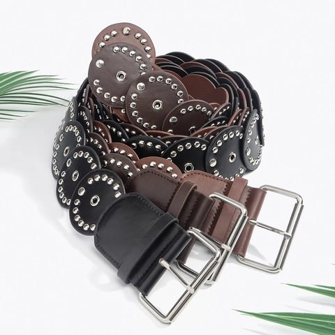 Ceinture à Rivets Western Cowboy Femme Vintage Cuir PU Bord Festonné Punk Ceinture de Taille pour Jeans Robes Accessoire Mode