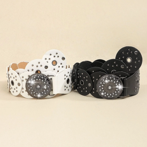 Ceinture Large en Cuir PU pour Femme Vintage Bohème Avec Boucle Mandala en Alliage Strass Accessoire Corset Punk à Rivets