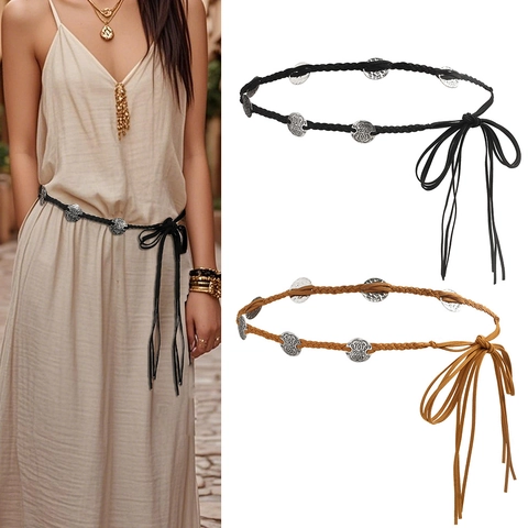 Böhmisches Geflochtenes Taillenseil Für Damen Retro Ethno-Stil Metallmünze Dekorativer Gürtel Mit Quasten Für Sommerkleider