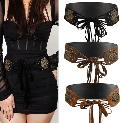 Women Vintage Hollow Carved Wide Corset Belt Imitation Leather Lace Up Tassel Waistband Versatile Fashion Coat Waist Belt