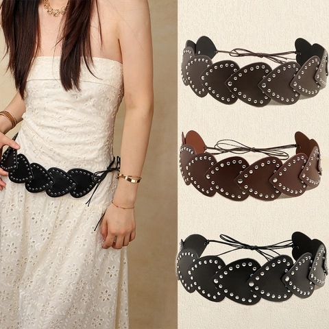 Cintura da Donna a Forma di Cuore con Borchie Rivetti Punk Y2K Stile Wasteland Cintura a Corsetto in Pelle PU Stringata per Vestito