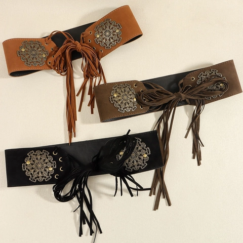 Women Vintage Hollow Carved Wide Corset Belt Imitation Leather Lace Up Tassel Waistband Versatile Fashion Coat Waist Belt