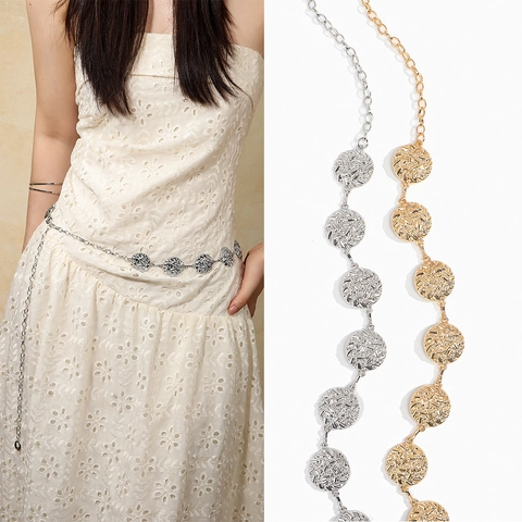 Cintura a Catena da Vita in Metallo Vintage per Donna Oro Argento Cintura a Dischi Rotondi Martellati Catena Decorativa per Abiti