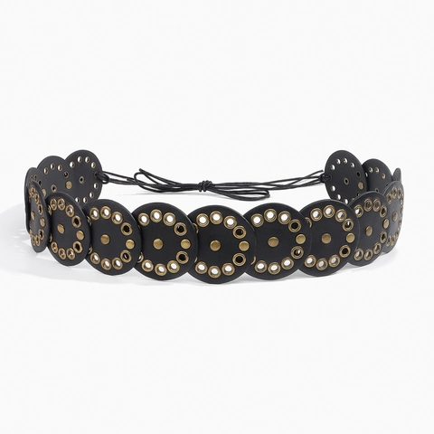 Dames Vintage Boheems PU Leer Tailleband Met Klinknagels Patchwork Vetersluiting Brede Korsetriem Voor Jurken Western Stijl