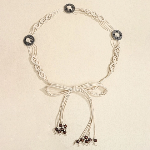 Cadena de Cintura de Cuerda Encerada Tejida a Mano Bohemia Para Mujer Cinturón Étnico Blanco Crema Con Hebilla de Metal