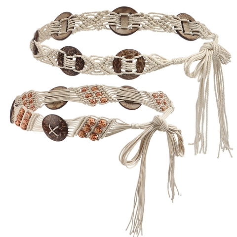 Cadena de Cintura de Cordón Encerado Tejida a Mano Bohemia para Mujer Cinturón Trenzado Estilo Étnico Vintage Con Cuentas de Madera