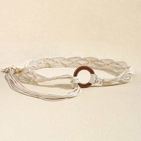 Bohemian Handgewebter Baumwolle Taillenseil Gürtel Für Damen Ethno-Stil Holzschließe Perlen Quasten Dekorativer Taillenkette Accessoire
