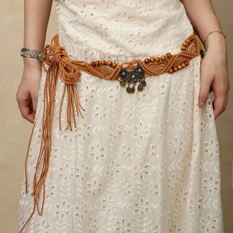 Böhmischer Handgewebter Wachskordel Gürtel Für Damen Ethno Vintage Quasten Taillenkette Mit Holzperlen Mond Und Türkis