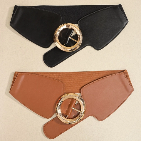 Dames Elastische Riem Brede Corset Riem PU Leer Goud Gehamerd Cirkel Gespsluiting Elegante Taille Decoratie Voor Jurk