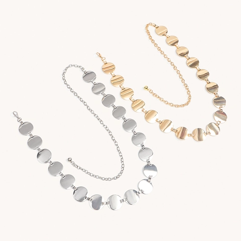 Vintage Geometric Zinc Alloy Metal Round Plate Waist Chain Belt For Women Adjustable Dress Waistband Gold Silver Jewelry
