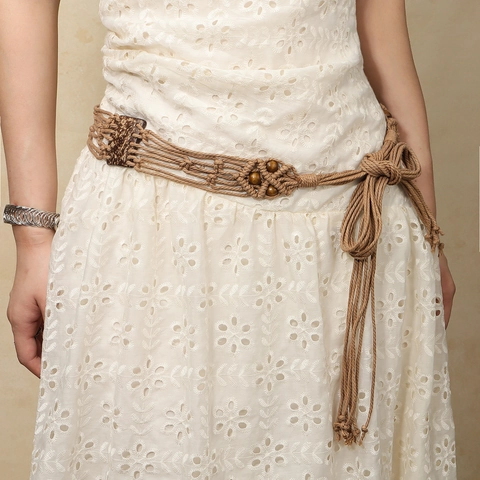 Cintura a Catena da Vita Intrecciata in Stile Bohémien per Donna Cintura Etnica in Corda Cerata Fatta a Mano con Perline di Legno