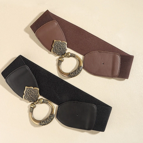 Vintage Women Wide Elastic Corset Belt Carved Alloy Buckle Retro PU Leather Waistband For Dress Decoration Accessories