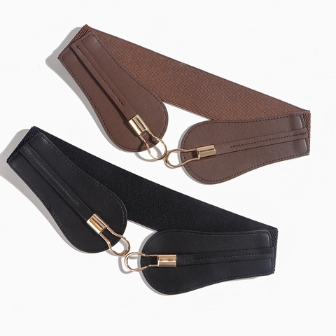 Damen Mode Breiter Elastischer Taillengürtel PU Leder Dehnbarer Gürtel Mit Goldener Runder Schnalle Für Kleider Mantel