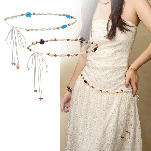 Bohemian Ethnic Style Handmade Woven Waist Chain For Women Vintage Wax Cord Beaded Waist Rope Belt For Dresses