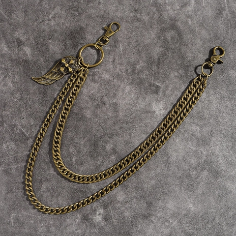 Catena per Pantaloni Punk Retrò in Metallo a Doppio Strato Con Pendenti Piuma Chiave Spilla Stile Antico Gioielli Unisex