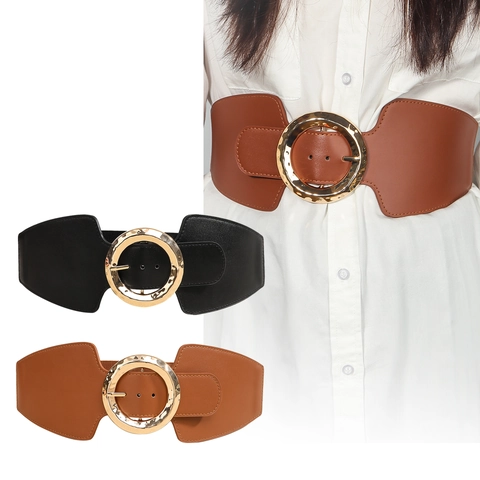 Dames Elastische Riem Brede Corset Riem PU Leer Goud Gehamerd Cirkel Gespsluiting Elegante Taille Decoratie Voor Jurk