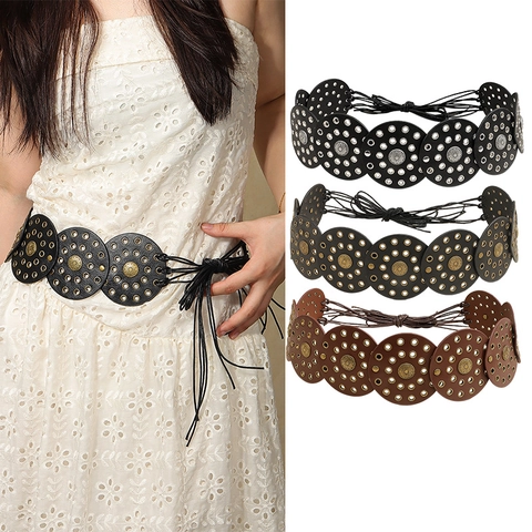 Bohemian Breite Taille Gürtel Für Damen Vintage Western PU Leder Sonnenblume Metallschnalle Hohl Rund Disc Link Einstellbare Bindegürtel
