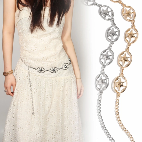 Cintura a Catena in Metallo Vintage con Stelle per Donna Svuotata Regolabile Catena da Vita Gioielli di Moda Oro Argento