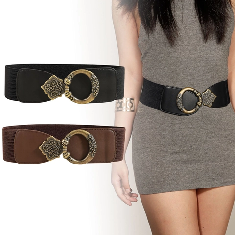 Vintage Women Wide Elastic Corset Belt Carved Alloy Buckle Retro PU Leather Waistband For Dress Decoration Accessories