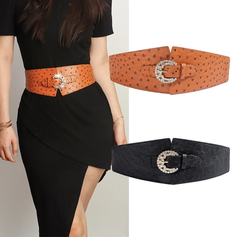 Damen Vintage Breiter Elastischer Miedergürtel Mit Strassschnalle Straußenmuster PU-Leder Wespentaille Modischer Hüftgürtel