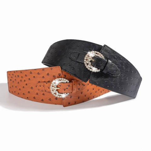 Damen Vintage Breiter Elastischer Miedergürtel Mit Strassschnalle Straußenmuster PU-Leder Wespentaille Modischer Hüftgürtel