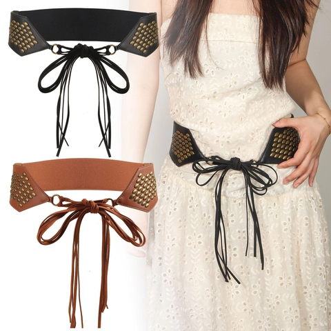 Cintura a Corsetto Punk Vintage da Donna in Pelle PU Larga Fascia Elastica Con Borchie Nappina Fiocco Intrecciato Per Abiti