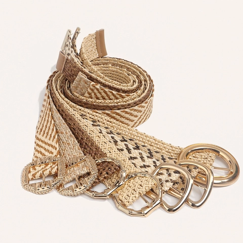Women's Bohemian Woven Straw Belt Fashion Versatile Waist Belt With Round Gold Metal Buckle For Dresses Summer Beach Holiday Accessory